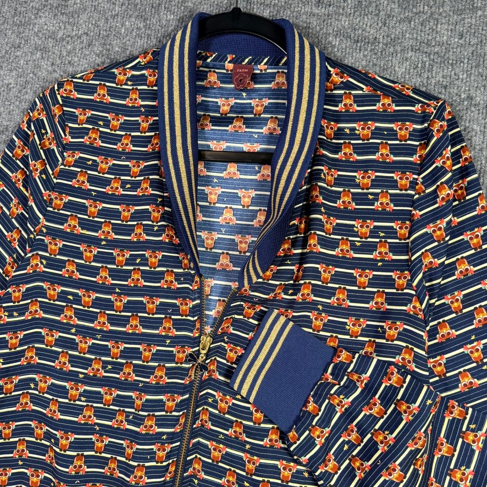 Farm Rio Bomber Jacket Womens Medium Navy Blue Owl Print Metallic RARE Zip Up